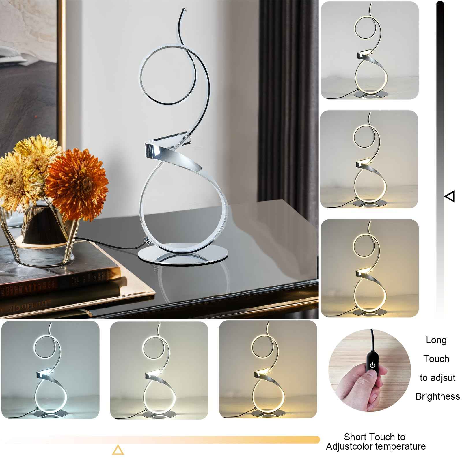 AooLiWang 21inch 20W 2700LM Modern Upscale Desk Light 3 Color Wireless Remote Control Dimmer Table Lamp for Living Room,Bedroom (Chrome Finsh)