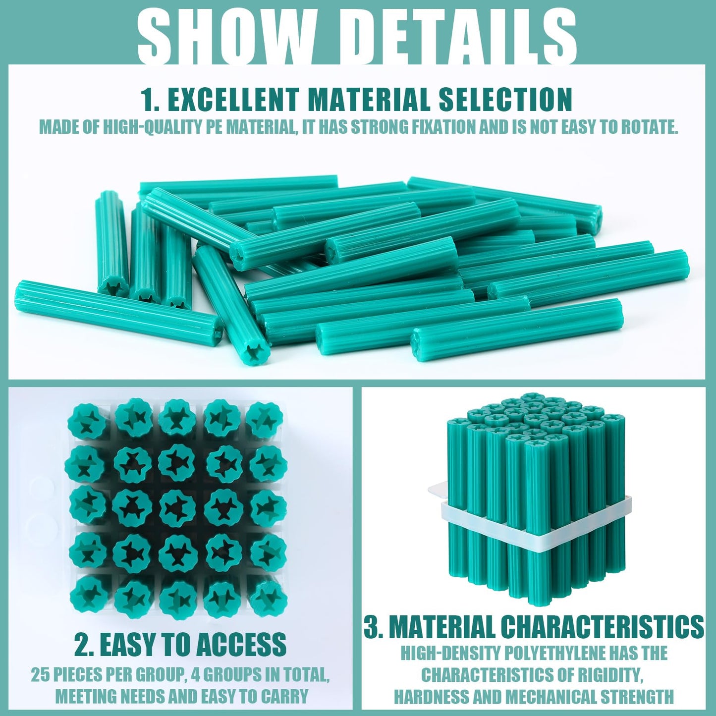 Lineshading 100 Pcs Expanding Plastic Concrete Anchors Screw Anchors Drywall Wall Expansion Pipe for Hollow Walls Tile Cement Bolt Expansion Tube(1/4" X 2" for #10,#11, or #12 Screws,Green)