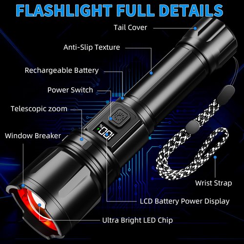Hriovs Rechargeable LED Flashlight 99000 High Lumens, Powerful Tactical Flashlights with 6 Modes, IPX7 Waterproof, Zoomable, Super Bright for Home Outdoor Emergency Camping