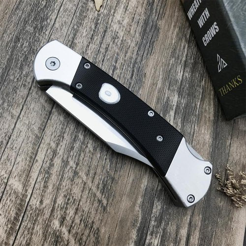 HUAAO Manually Operated Button-Lock Knife Folding Knife 440C Stainless Steel Blade, Back lock G10 Handle with Leather Sheath, EDC Pocket Knives for Men (Black)