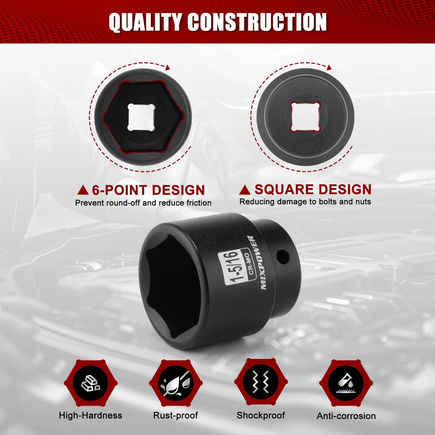 MIXPOWER 1/2" Drive Shallow Impact Socket, CR-MO, 1-5/16", 6 Point, Radius Corner Design, Axle Nut Impact Grade Socket for Easy Removal