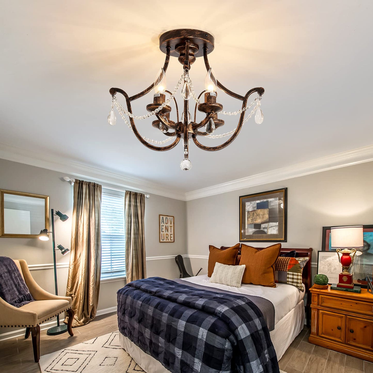 UOFUS Vintage Semi Flush Mount Crystal Chandelier Oil Rubbed Bronze 4-Light Small Metal Ceiling Light Fixture Farmhouse Ceiling Lamp for Foyer Kitchen Entryway Hallway Bathroom Bedroom Dining Room