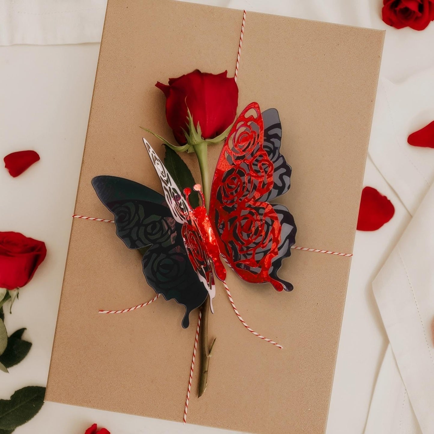 Rchovsam 3D Butterfly Wall Decor Summer Party Rose Butterfly Sticker Decoration 3.85x4.6 inche Red Black Double Deck Removable Sticker for Birthday Holiday Party Decoration-6pcs