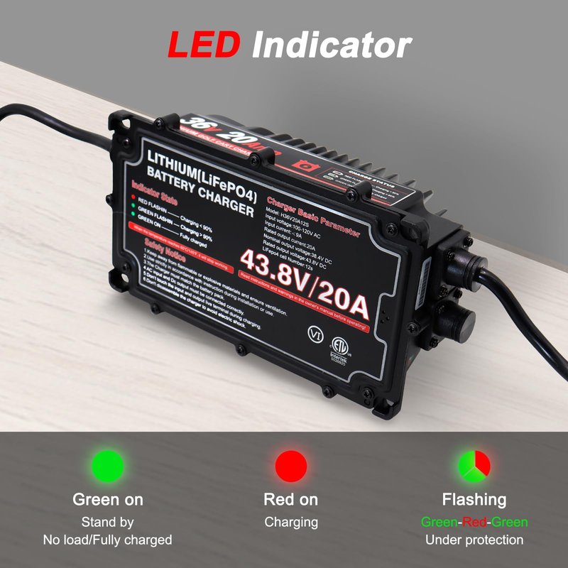 SDLOOL 43.8V 20A Lithium Onboard Battery Charger for 36V (38.4V) 12S LiFePO4 Battery, IP67 Waterproof Charger for Golf Cart Car Truck Boat Home