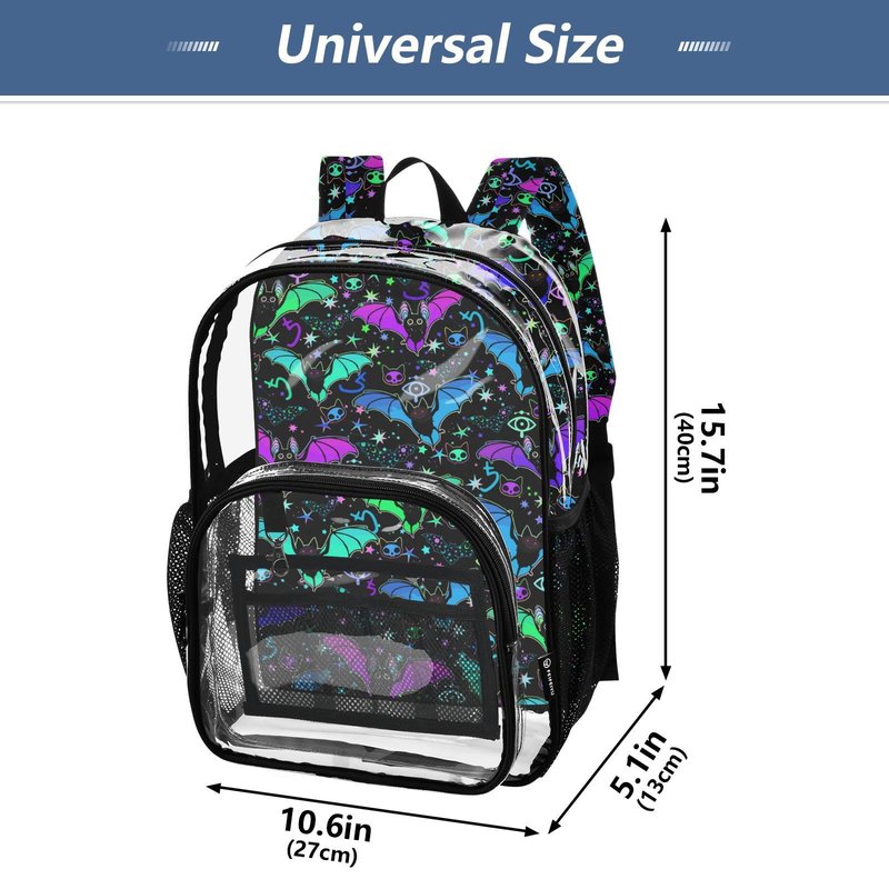 PJGINUIUA Psychedelic Bats Print Clear Backpack Lightweight Large Capacity See Through Bookbag Transparent Daypack Bag, 12L