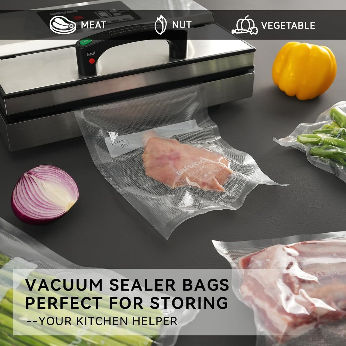 Wevac Vacuum Sealer Bags - 8" x 12" Heavy Duty Food Storage | 200 Count with Liquid Block & Bone Guard