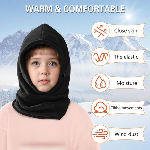 Vanolu Kids Balaclava Ski Mask Winter Fleece Hat for Boys Girls, Toddler Baby Winter Caps Baklava Face Masks Youth Warm Hood Black