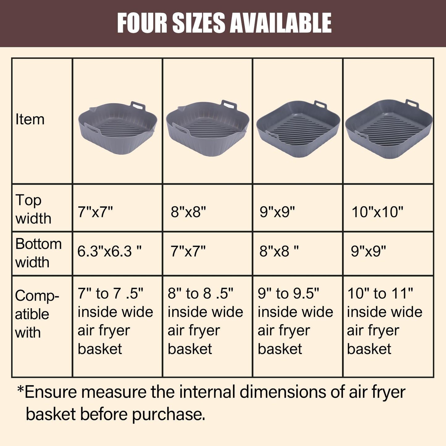 Golden Associate Silicone Liners Square for Air Fryer, 2 Pcs Non-stick Food-grade Reusable Basket Silicone Pot Baking Tray Airfryer Accessories, Top Size 8 inches, Bottom Size 7 inches, Grey