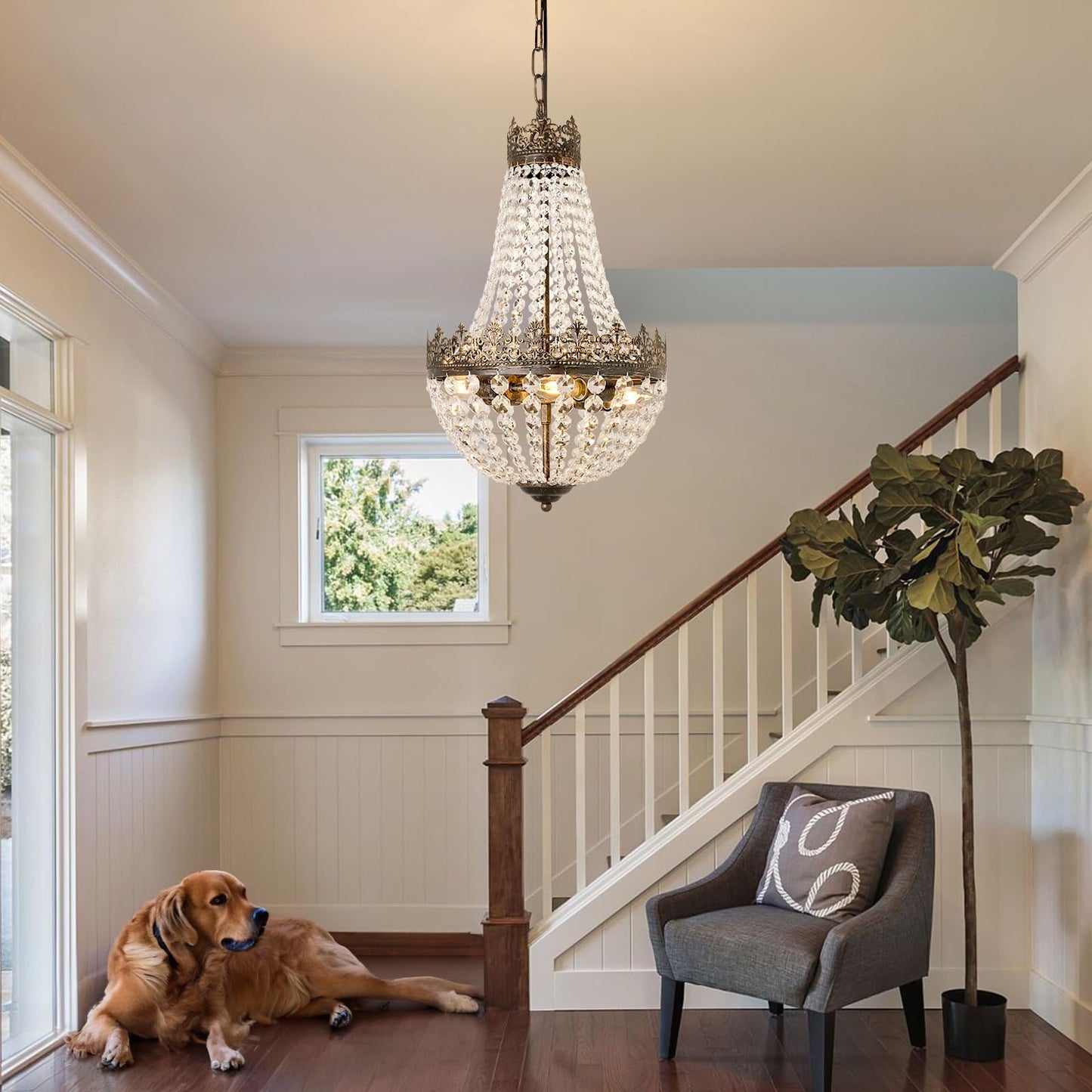 Crystal Chandelier for Dining Room, Antique French 4-Light Bedroom Chandelier, K9 Crystal Bathroom Chandeliers, Mini Vintage Ceiling Light for Living Room Foyer Hall Kitchen Entryway 4 E12 Base