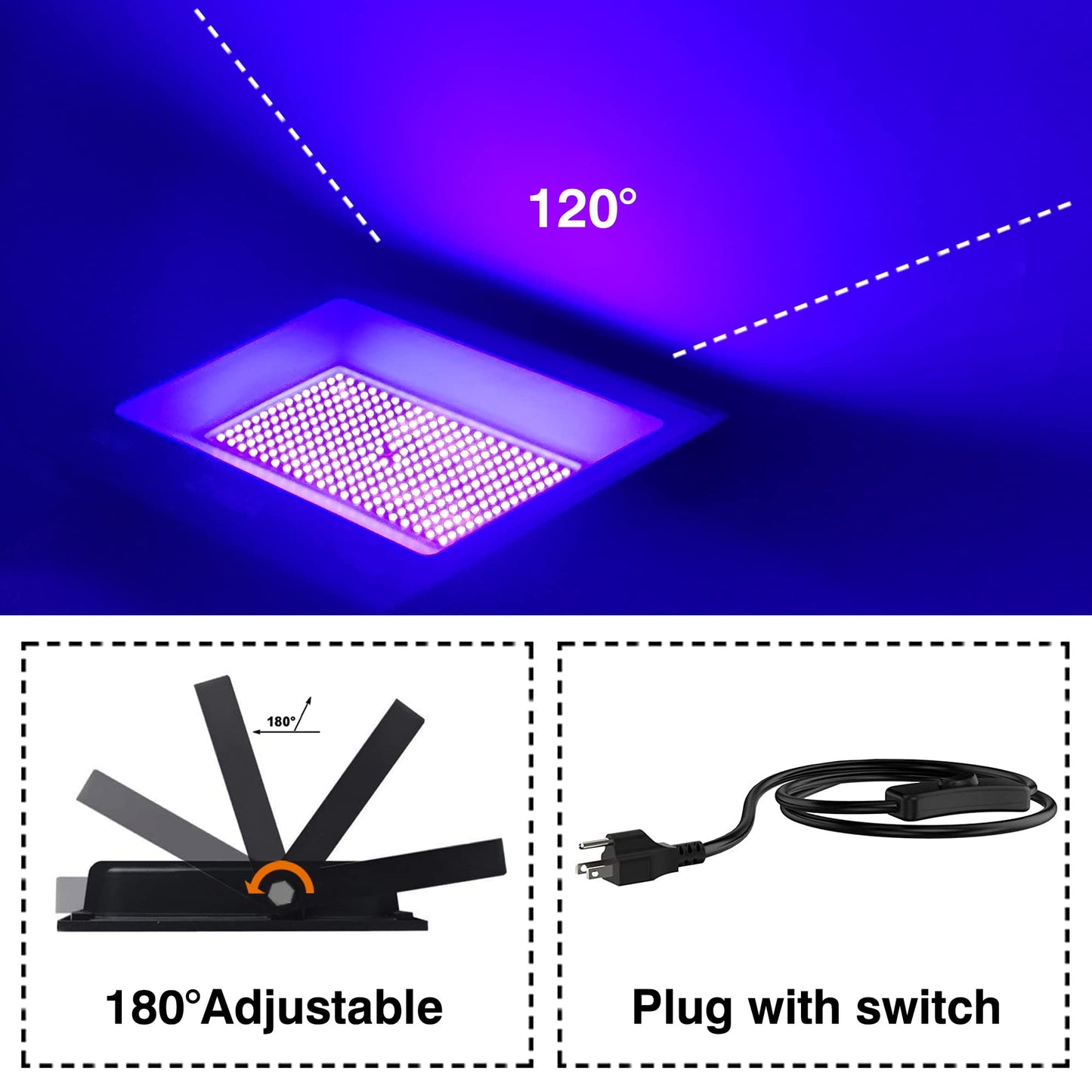 150W Black Lights for Glow Party Large Space,Blacklight(Luz Negra) with Plug and Switch 180°Metals Adjustable Bracket,IP66 Waterproof for Halloween, Birthday Party, Fluorescent Poster,Holiday.2 Pack