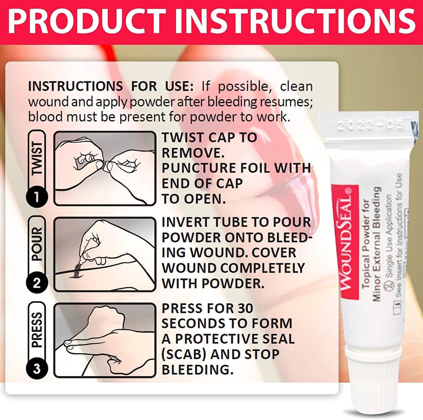 WoundSeal Powder 4 Each (Pack of 4) - Wound Care First Aid for Cuts, Scrapes and Abrasions - Stops Bleeding in Seconds Without Stitches or Bandages
