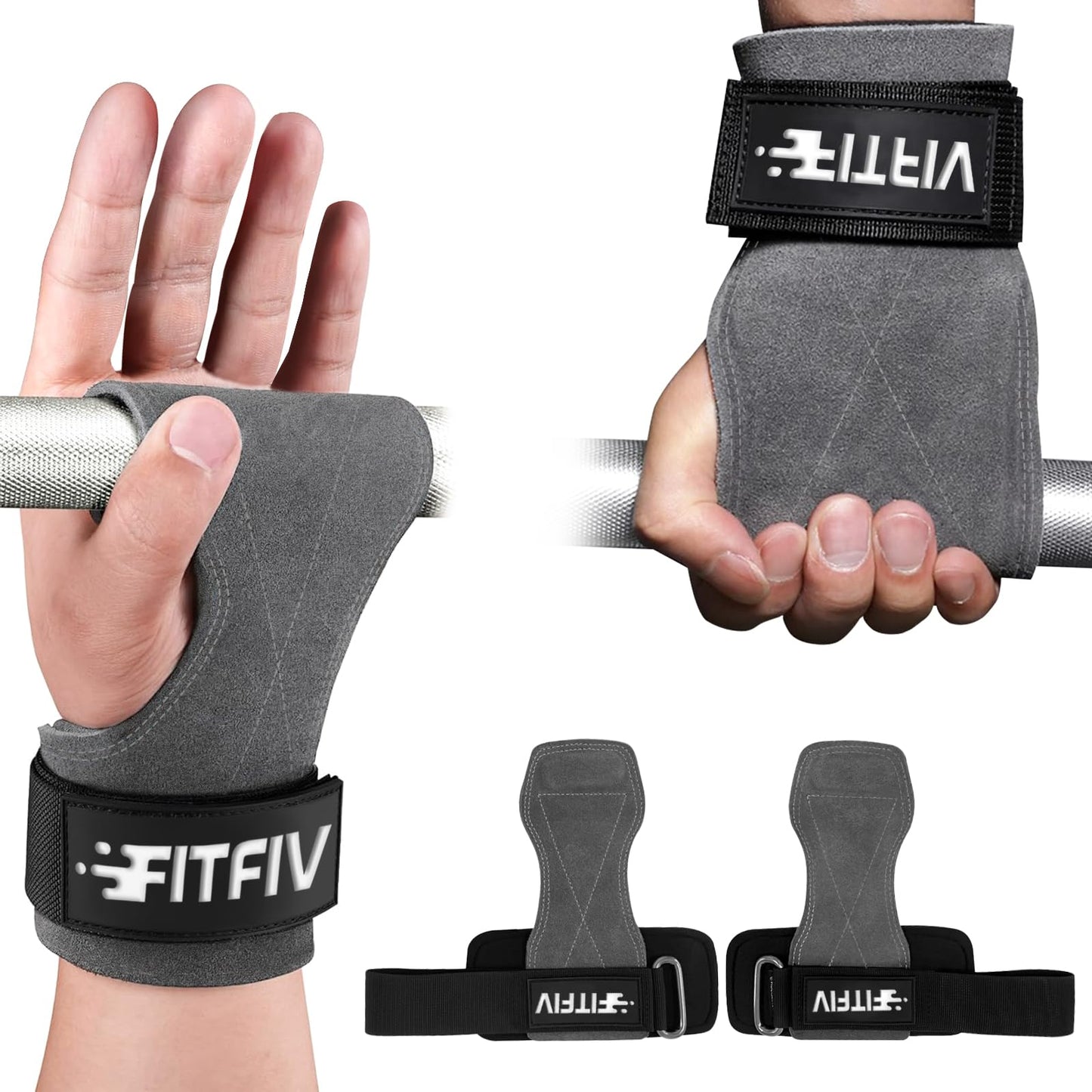 FITFIV Weight Lifting Wrist Strap, Double Leather Weightlifting Wrist Straps for Gym Strength Training, Neoprene Padded Wrist Wraps - for Men & Women (Pair)