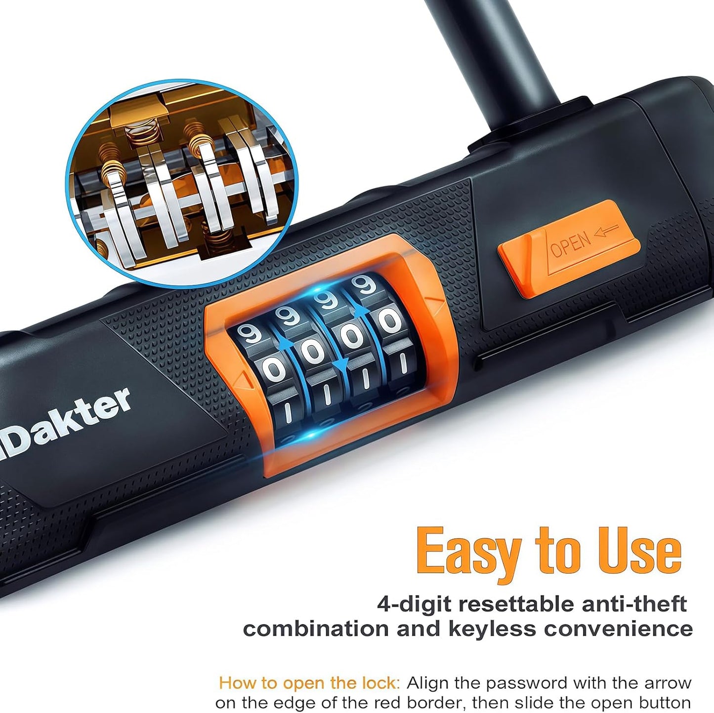 NDakter Heavy-Duty Bike Lock - Anti-Theft U Lock with 4-Digit Combination & 5Ft Steel Cable | Large Size for E-Bikes & Motorcycles