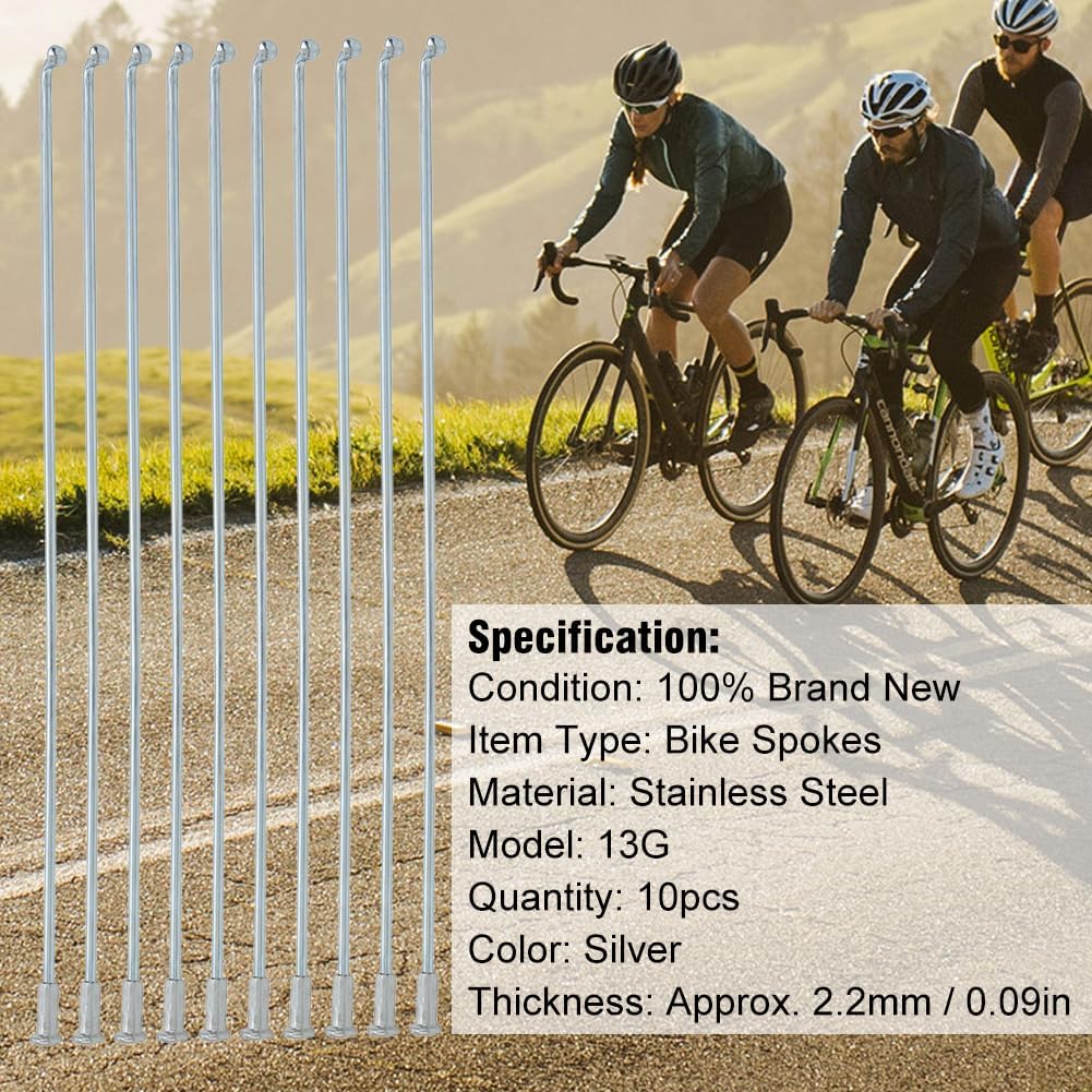 VGEBY Bike Spokes, 10pcs 80-310mm Stainless Steel Thickness Spokes 13G 2.2mm Cycling Accessory (220MM)