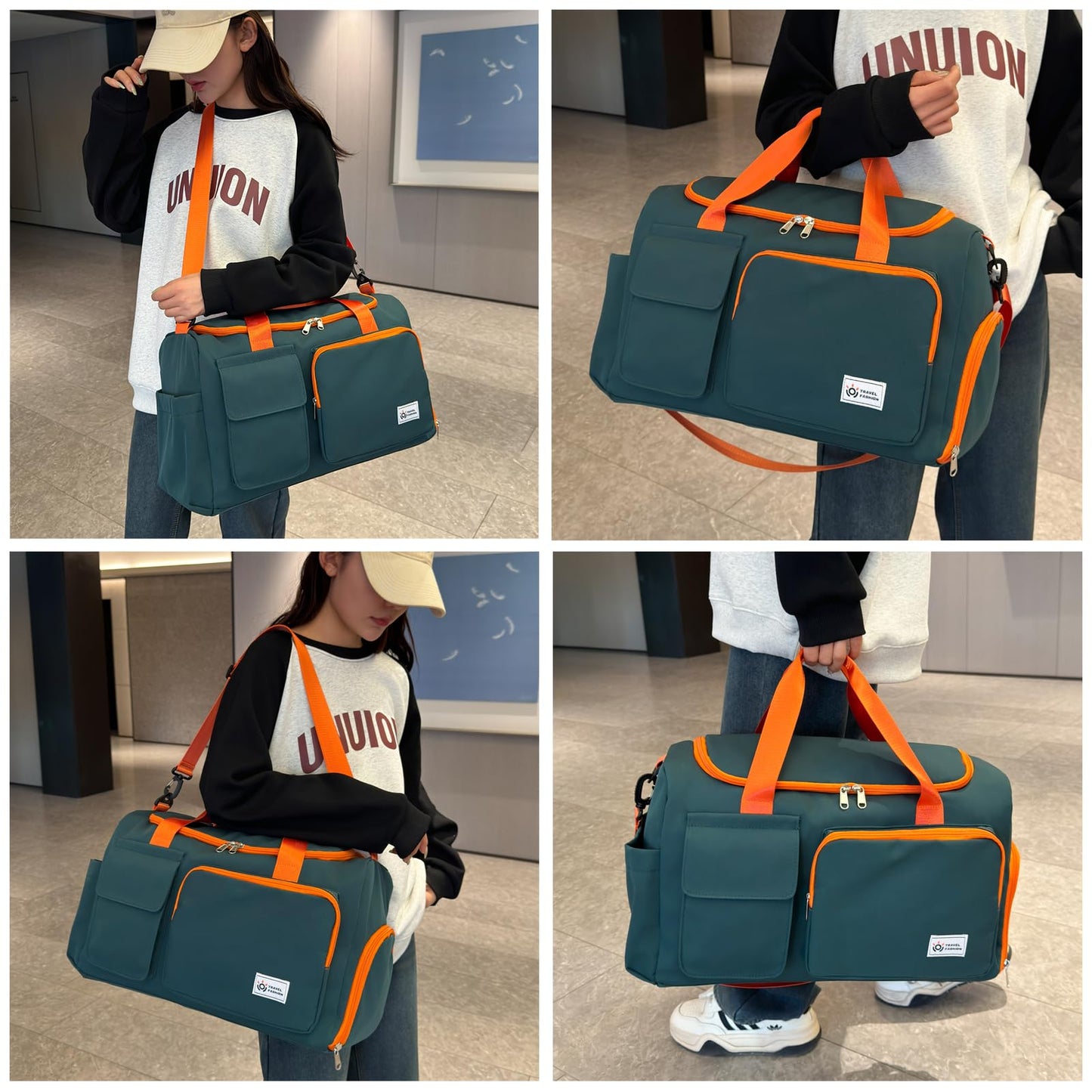 Small Gym Bag for Women, Waterproof Travel Duffle Bag Carry On Weekender Bag with Shoe Compartment & Wet Pocket, Gym Tote Bag for Travel, Workout, Sport - Green Orange