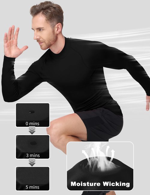 Roadbox Men's Compression Shirt, Mock Turtleneck Long Sleeve Undershirt, Quick Dry Athletic Base Layer for Sports and Workout Black