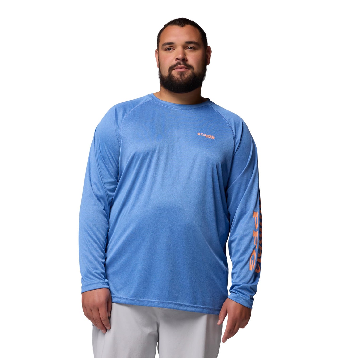 Columbia Men's PFG Terminal Tackle Long Sleeve Fishing Shirt, Vivid Blue Heather/Bright Nectar Logo, Large Tall