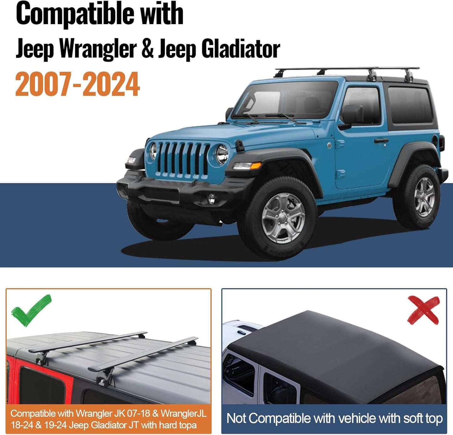 Wonderdriver Heavy Duty Roof Rack Cross Bars - 330lb Capacity for Jeep Wrangler JK JL Gladiator JT (2007-2026) | Aluminum Cargo Carrier