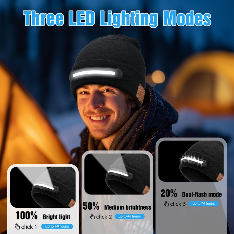 MUSIC Bluetooth Beanie Hat with LED Light for Men Women,Winter Warm Hat with 3-Modes Headlamp, Hands-Free Calling, Ideal Knitted Cap for Fishing Walking Shoveling Snow