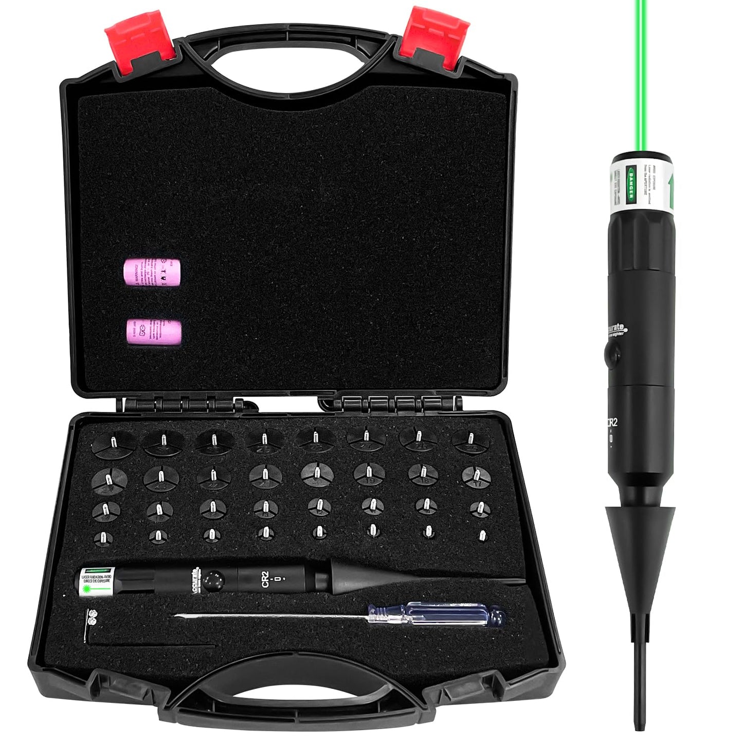 Socpuro Professional Laser Bore Sight Kit with 32 Bore Adapters, fit .17 to 12GA Calibers, Bright Green Laser Bore Sighter with Button Switch, Powerful Hunting Equipment