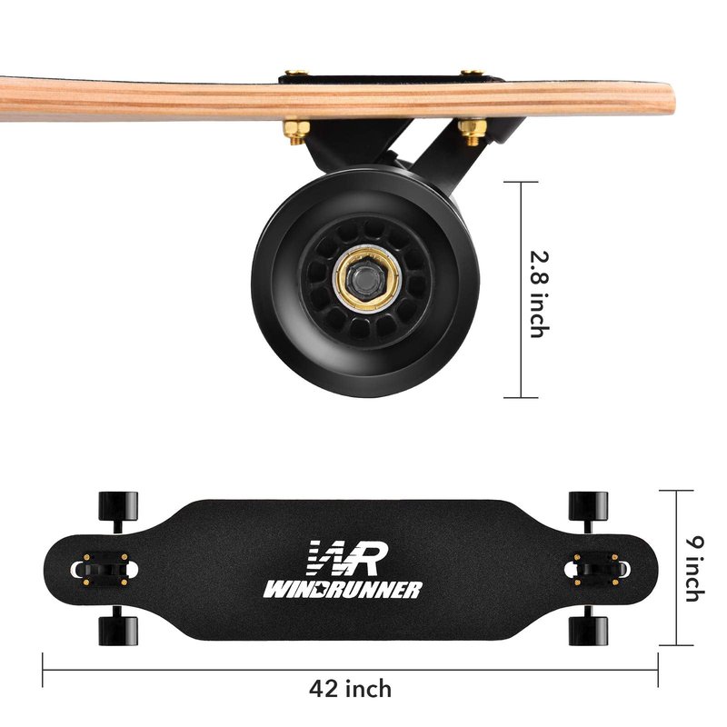 Windrunner 41 inch Freeride Longboard Skateboard,8-Ply Natural Maple Drop Through Freestyle Complete Skateboard Cruiser Pintail for Cruising,Carving,Free-Style and Downhill,Black and White Case