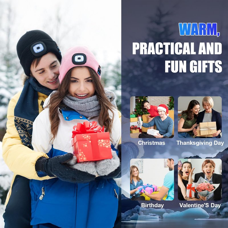 Bluetooth Beanie Hat with Led Light,Fleece Lined Winter Warm Hat with Wireless Music Headphones and Built-in Speaker Mic,Gifts for Men Women Black