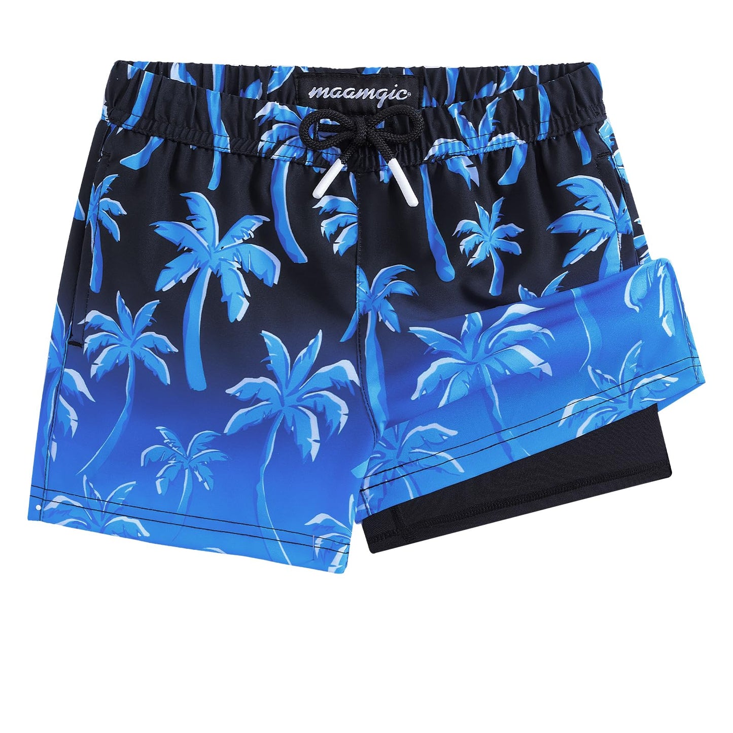 maamgic Boys Swim Trunks with Compression Liner Toddler Stretch Swim Shorts Quick Dry Swimming Trunks Boxer Brief 2 in 1 Beach Shorts Blue Coconut Tree 4T