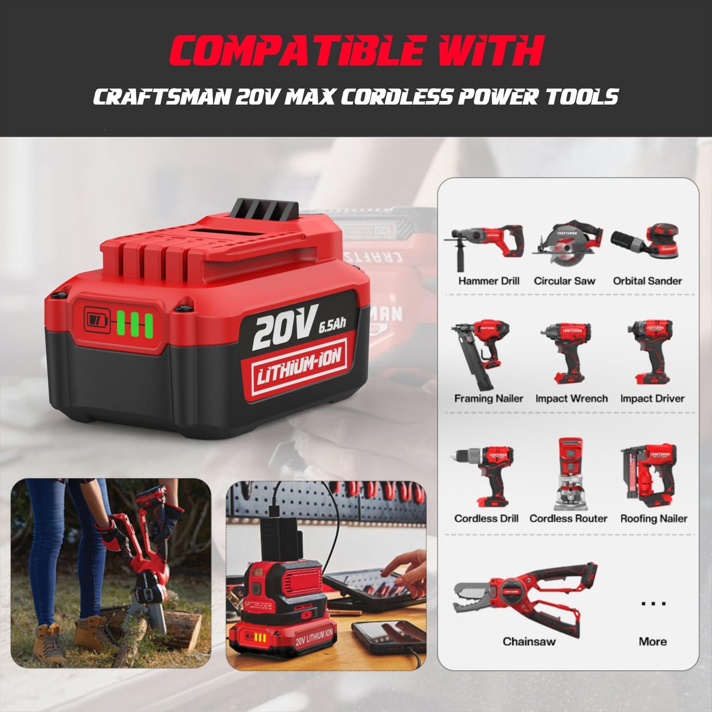 AYTXTG 2Pack 6500mAh V20 Batteries for Craftsman 20V Max Battery CMCB202 CMCB204 CMCB206 + Dual Charger for Craftsman V20 Fast Charger