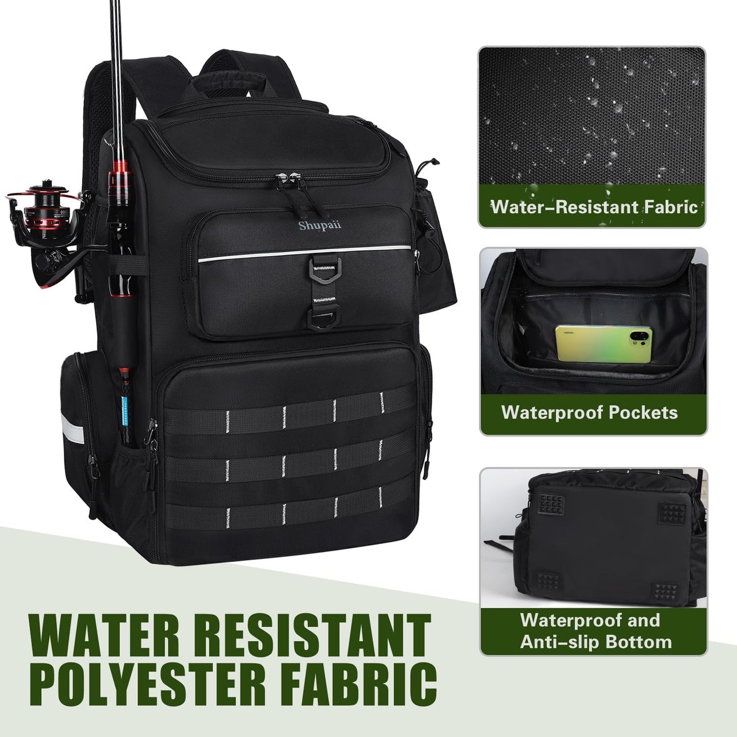 Skiennix Large Fishing Backpack - Waterproof Design with Rod Holders | 45L Tackle Box for Men