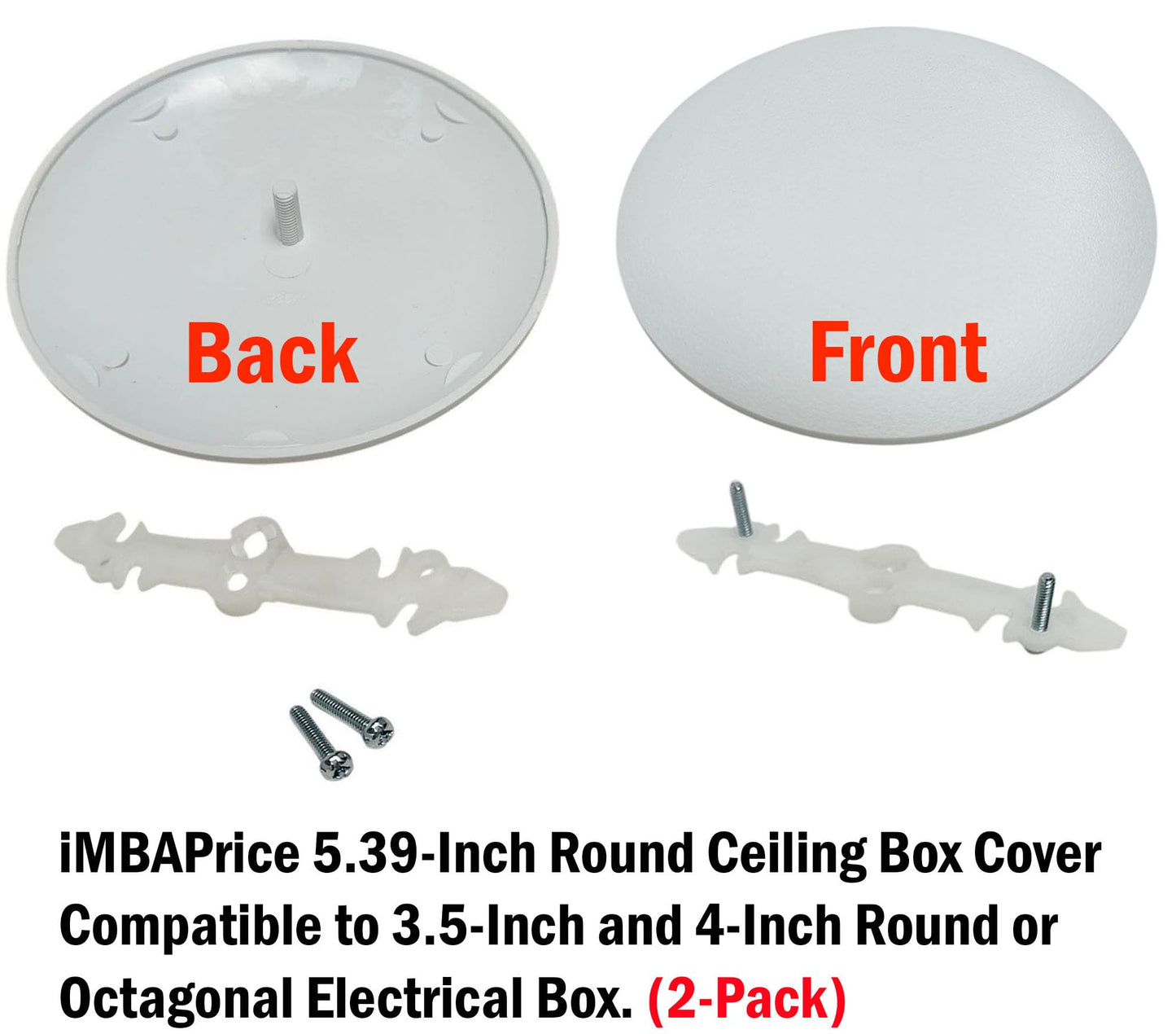 iMBAPrice IMBA-CP3540-2 Textured White Plastic Ceiling Box Cover Plate for 3-1/2" & 4" Round or Octagon Electrical Boxes, Invisible Mounting Screws, 2-Pack