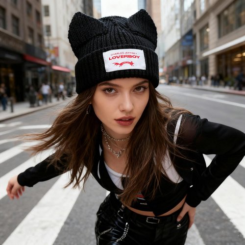 Knitted Beanie Hat for Women Men Cute Bunny Long Ear Hat Slouchy Cat Ear Hat Crochet Fluffy Winter Warm Rabbit Y2k Skull Cap