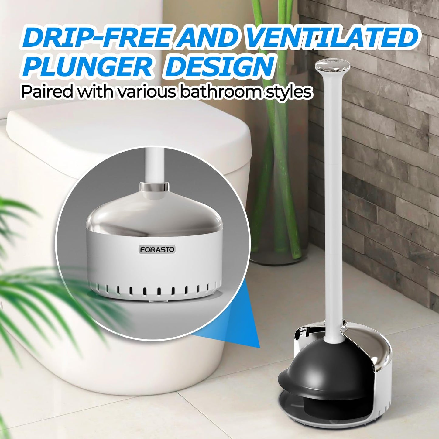 FORASTO Toilet Plunger with Holder,Plungers for Bathroom with Holder,Heavy Duty Plunger with Cover,Bathroom Decor，Bathroom Accessories，Toilet Bowl Cleaners,Silver White（21inch）