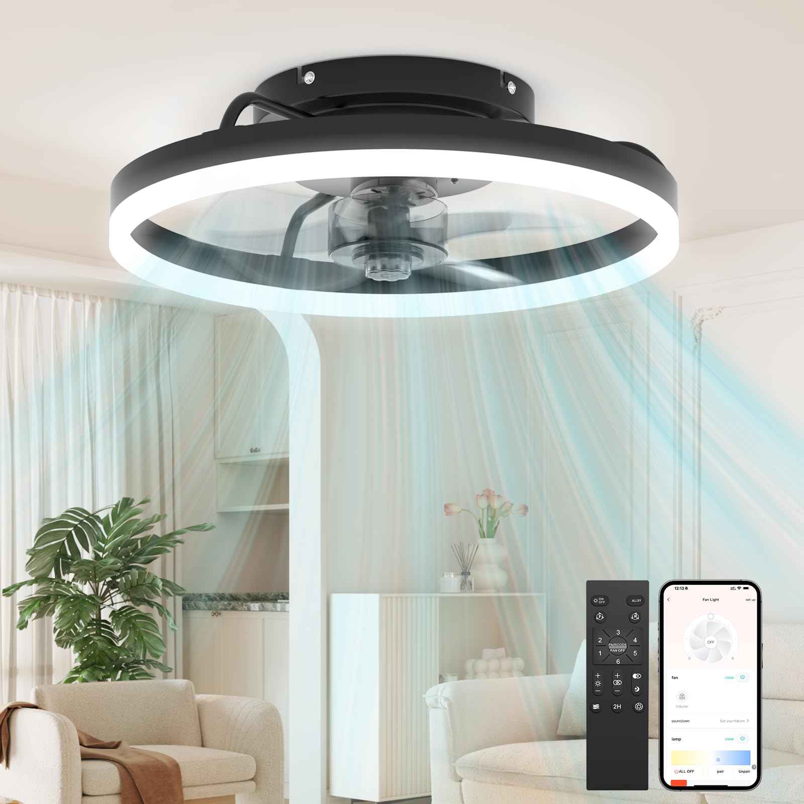 Aphyni Ceiling Fans with Lights and Remote, 15.7" Black Low Profile Ceiling Fan, Modern Flush Mount LED Fan Light, 6 Wind Speeds Fandelier Ceiling Fan with Light for Bedroom, 3000-6500K Dimmable