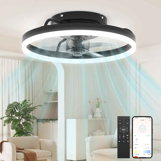 Aphyni Ceiling Fans with Lights and Remote, 15.7" Black Low Profile Ceiling Fan, Modern Flush Mount LED Fan Light, 6 Wind Speeds Fandelier Ceiling Fan with Light for Bedroom, 3000-6500K Dimmable