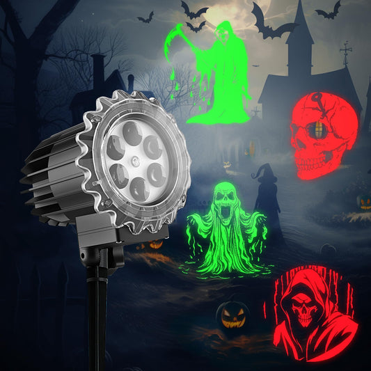 Halloween Projector Lights Outdoor Indoor - 3D Dynamic Red & Green Skull Ghost Skeleton Projector Decorations Lights, Waterproof Halloween Party Light for Window, Garden, Ground, Roof,Halloween Decor
