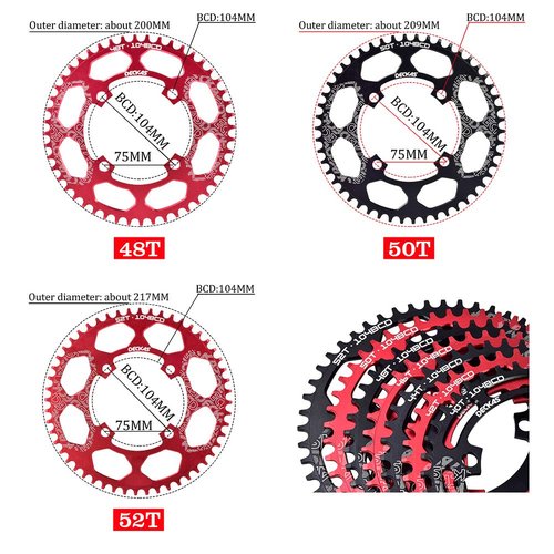 DECKAS Round Chainring 104BCD 40T 42T 44T 46T 48T 50T 52T Narrow Wide Chainring for 7 8 9 10 11 12 Speed Chains (Round Red, 50T)