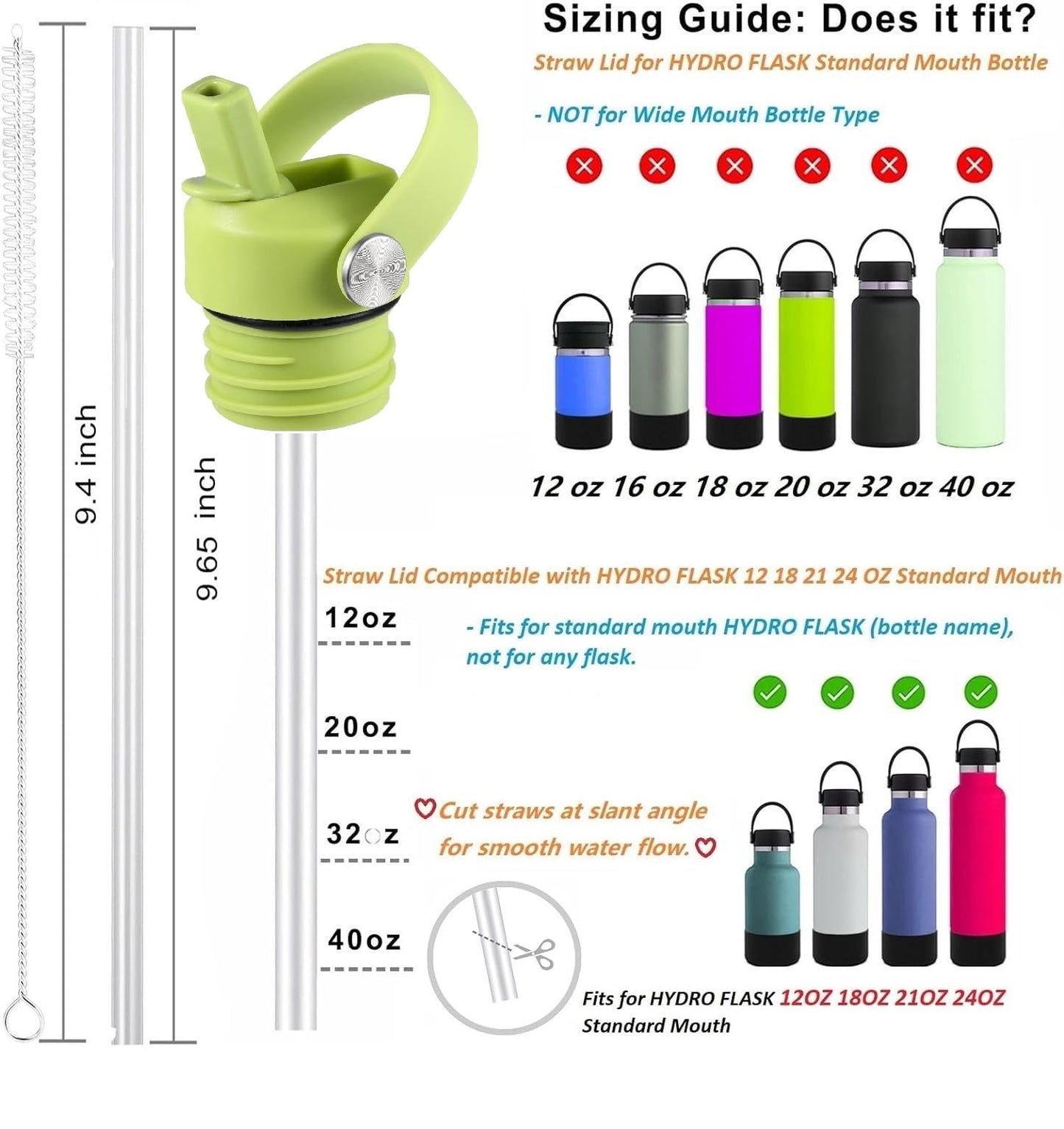 VGHNQ Seagrass Straw Lid for Hydro Flask Standard Mouth 18 21 24 oz, Replacement Sport Cap with Handle, BPA-Free Straw Lid with 2 Straws + Brush, for Hiking Camping Backpacking Outdoor Adventure
