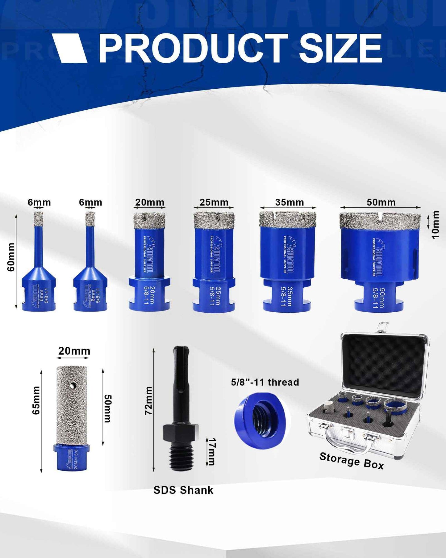 SHDIATOOL Diamond Core Drilling Bits Set for Porcelain Hole Saw Cutter for Tile Marble Ceramic Granite Kit 5/8-inch-11 8pieces