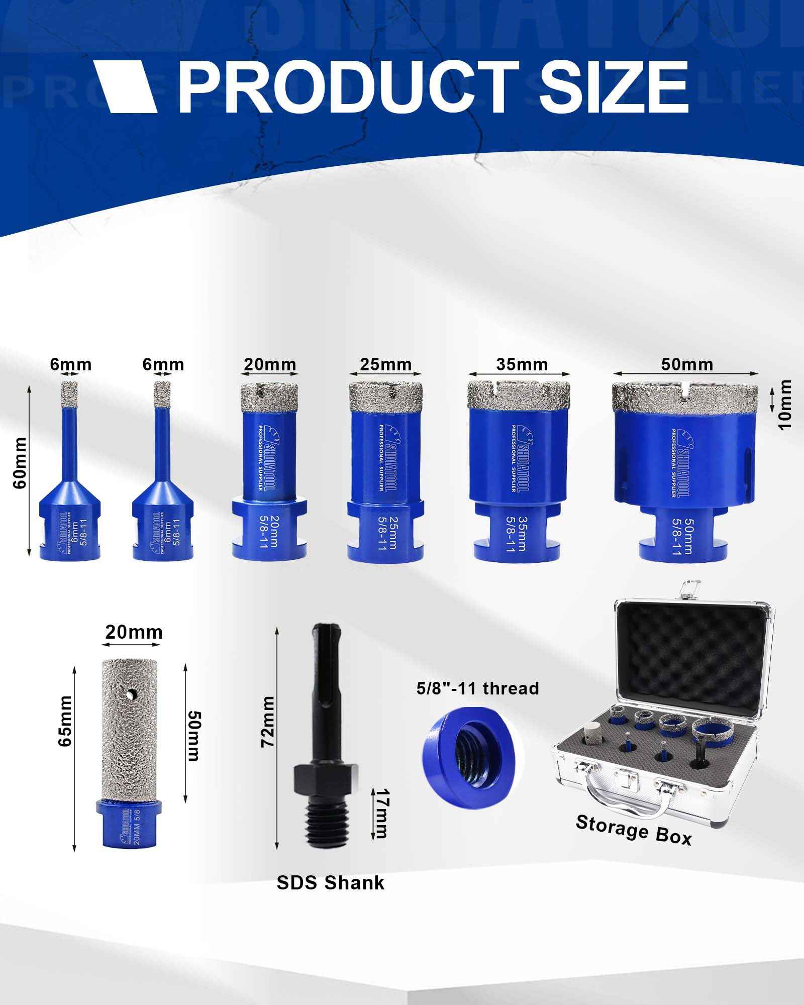SHDIATOOL Diamond Core Drilling Bits Set for Porcelain Hole Saw Cutter for Tile Marble Ceramic Granite Kit 5/8-inch-11 8pieces