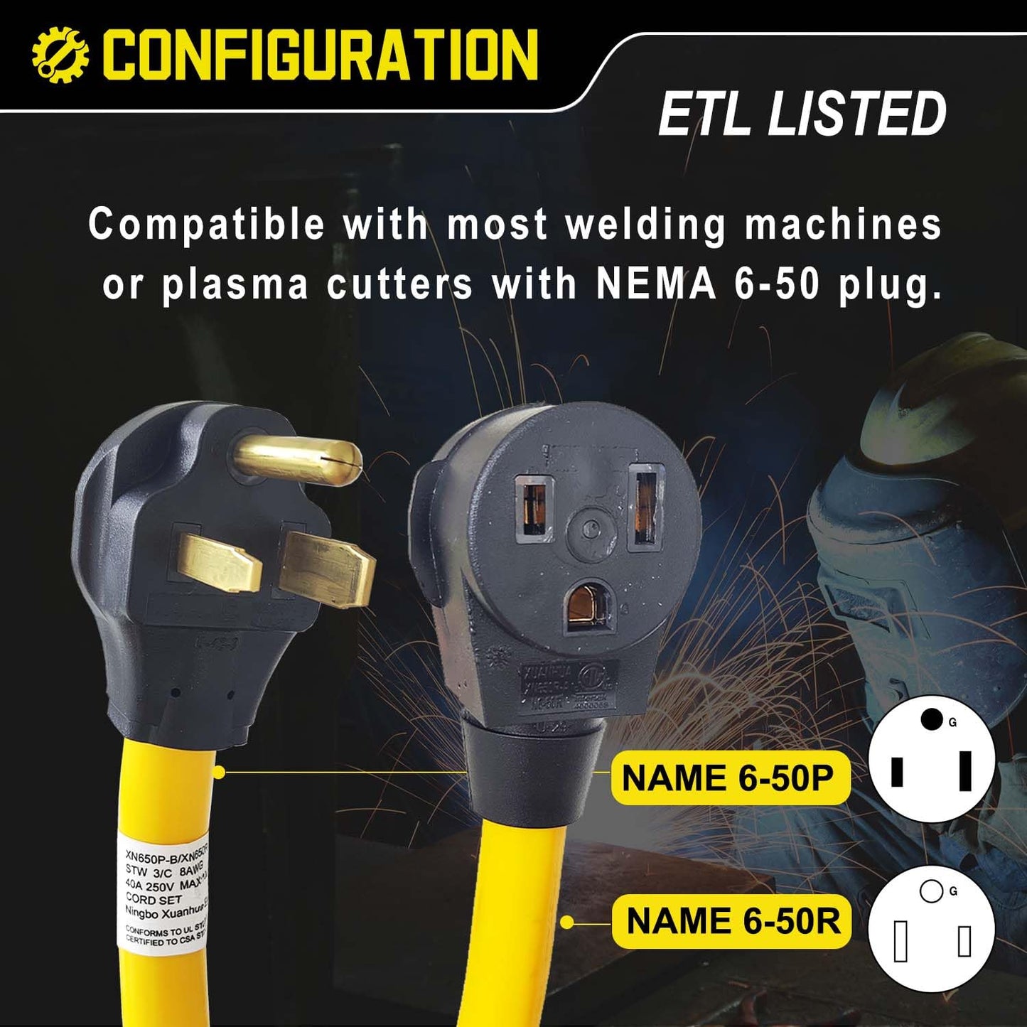 LAVANDINO 25FT 250 Volt Welder Extension Cord 8 AWG for 40 Amp, 8 Gauge Power Extension for Welding Machine NEMA 6-50P to 6-50R