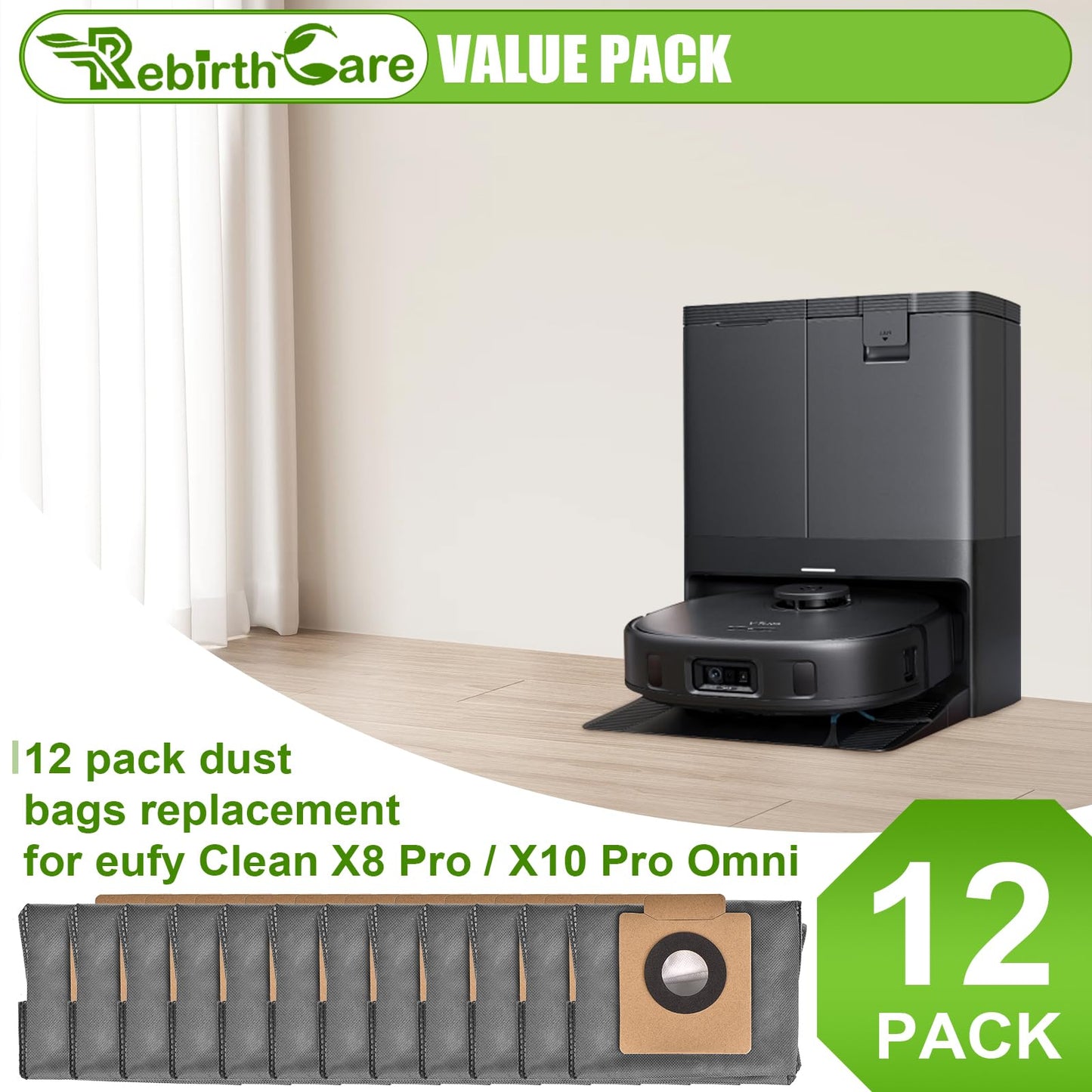 Rebirthcare 12 Pack X8 Pro Dust Bag Compatible with Eufy Clean X8 Pro X10 Pro Omni Robot Vacuum Self-empty Station 2.5L Large Capacity Replacement Bag