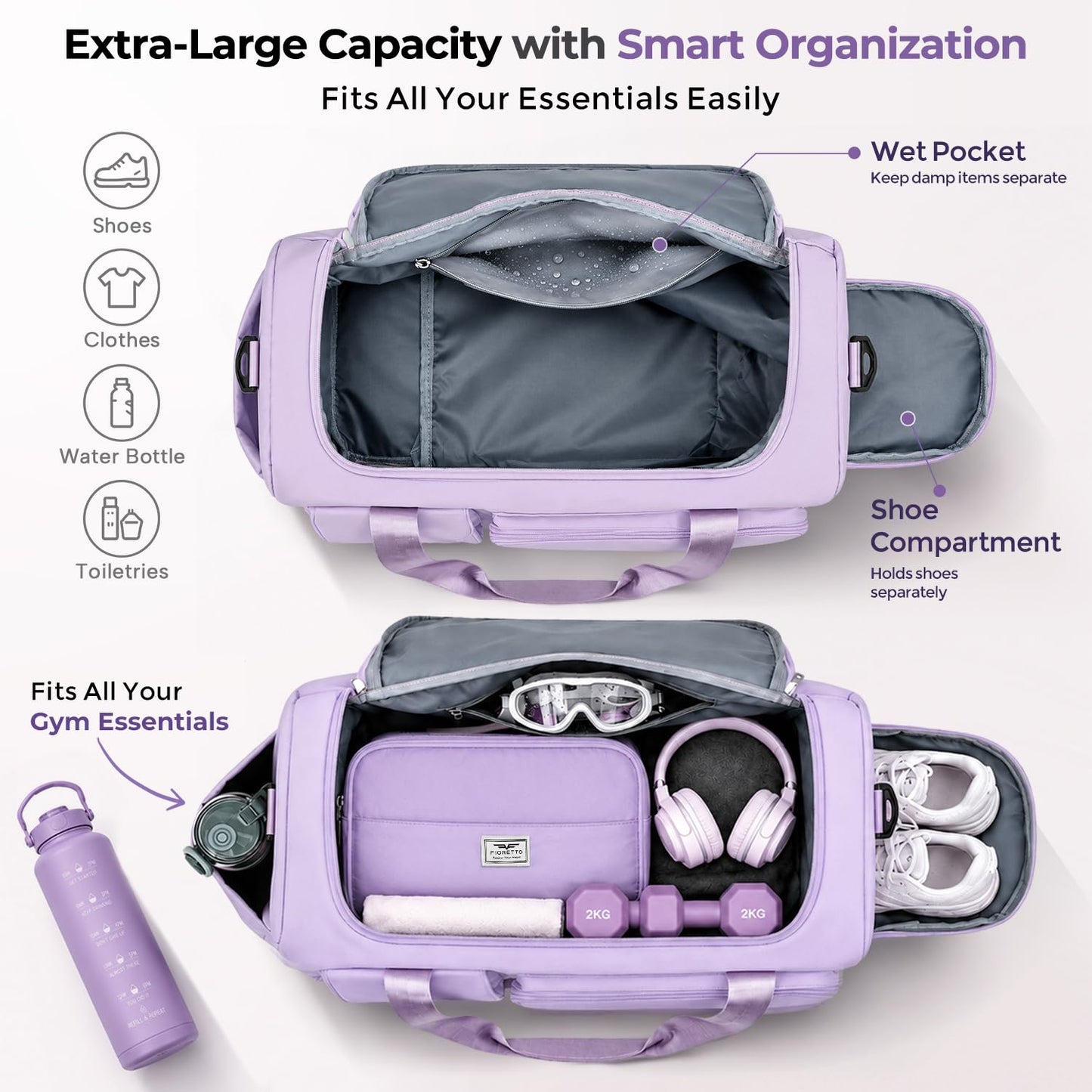 FIORETTO Women's Gym Duffle Bag with Shoes Compartment, 30L Capacity, Ideal for Travel, Gym, Sports, Duffel, Weekender, with Toiletry Bag, Lavender