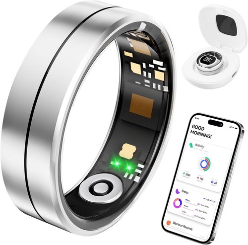 Fvtga Smart Health Ring - Fitness Tracker with Heart Rate, Blood Oxygen & Sleep Monitoring | IP68 Waterproof, Silver, Size 8
