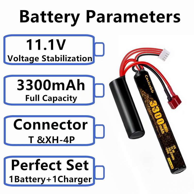 Cecicebb 3300mAh Airsoft Battery 11.1V Nunchuck Battery with T Plug Fit for AEG AK47 M4 MP5 Airsoft Model Guns Rifles 1 Pack 3S Rechargeable Stick Shape Butterfly with 11.1V USB Charger Cable