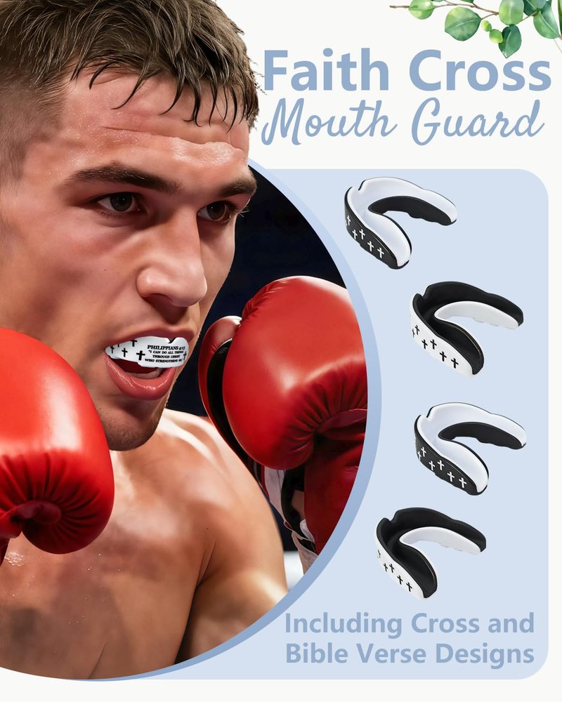 Piemow 4 Pcs Mouth Guard - Faith Cross Mouthguard with Case, Religious Mouth Guards Braces for Football Boxing Basketball Lacrosse Hockey and All Contact Sports