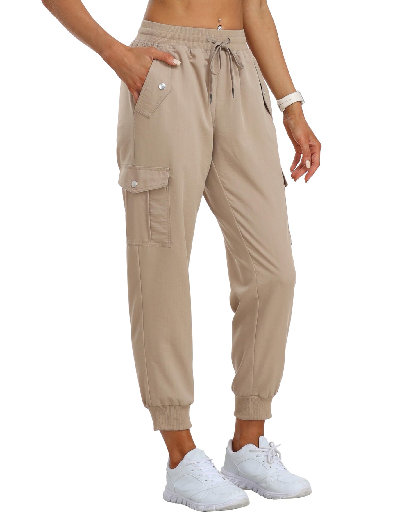 MoFiz Cargo Pants for Women Joggers Lightweight Quick Dry Running Sweatpants Outdoor Athletic Hiking Casual Travel Pant with Pocket Khaki L