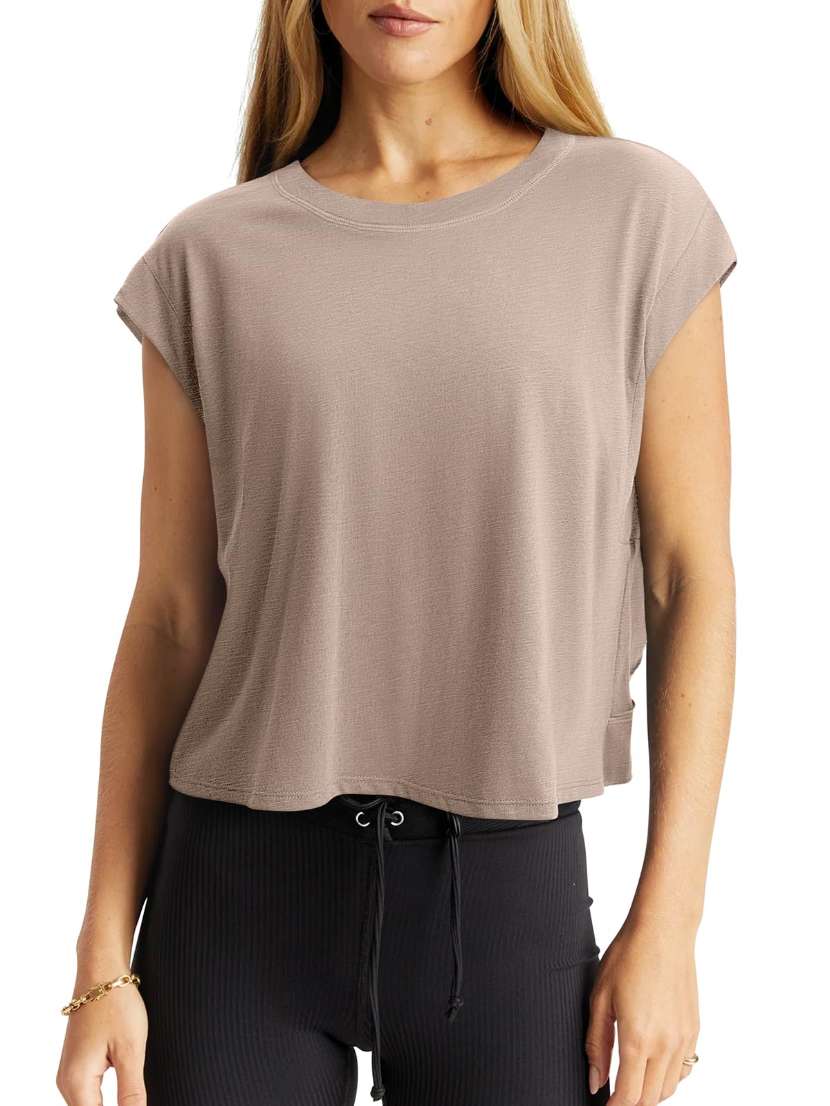 LASLULU Womens Open Back Workout Tops Short Sleeve Crop Tank Tops 2026 Summer T-Shirts Loose Athletic Yoga Pilates Exercise Running Gym Shirts(Apricot, Medium)