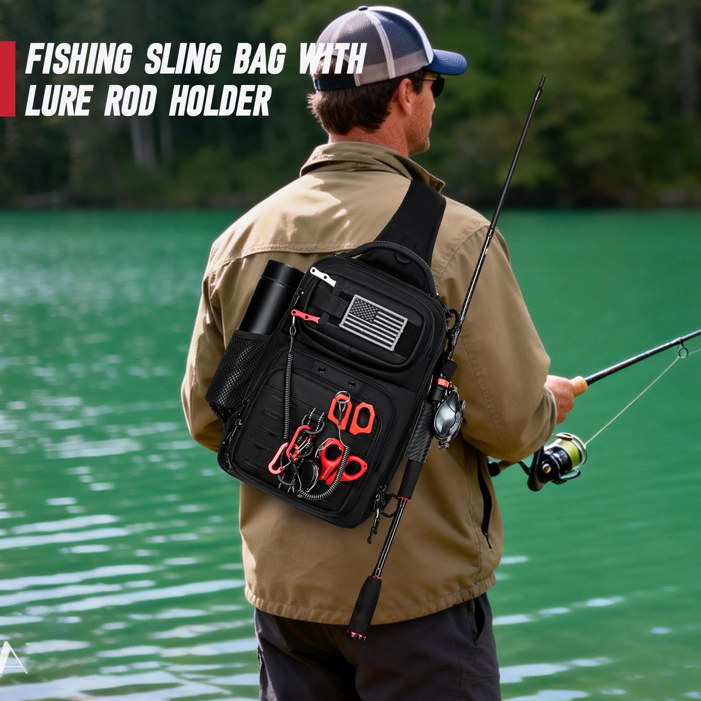 oinitiry Fishing Sling Bag, Fishing Bag With Rod Holder Fixed Stickers, MOLLE System, Soft Bait & Gear Storage, Gift for Men Black