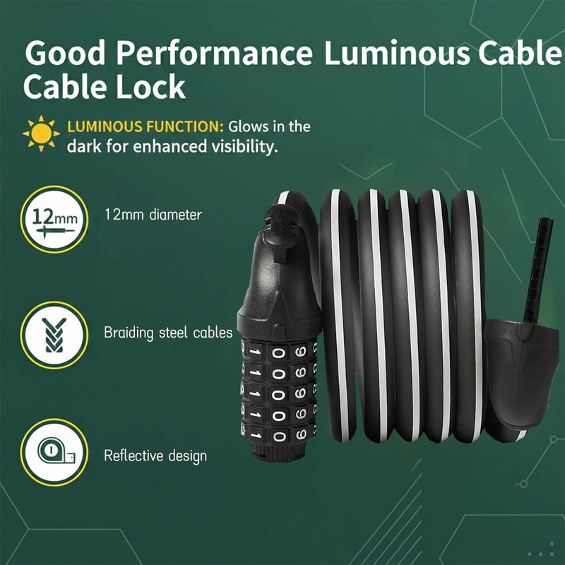 Glow-in-The-Dark Bike Lock, 1.2 Meters Long, Combination Lock and Key Lock, Electric Bike, Electric Scooter Adults, Locker Lock, Bike, Ebikes for Adults(Password Type)