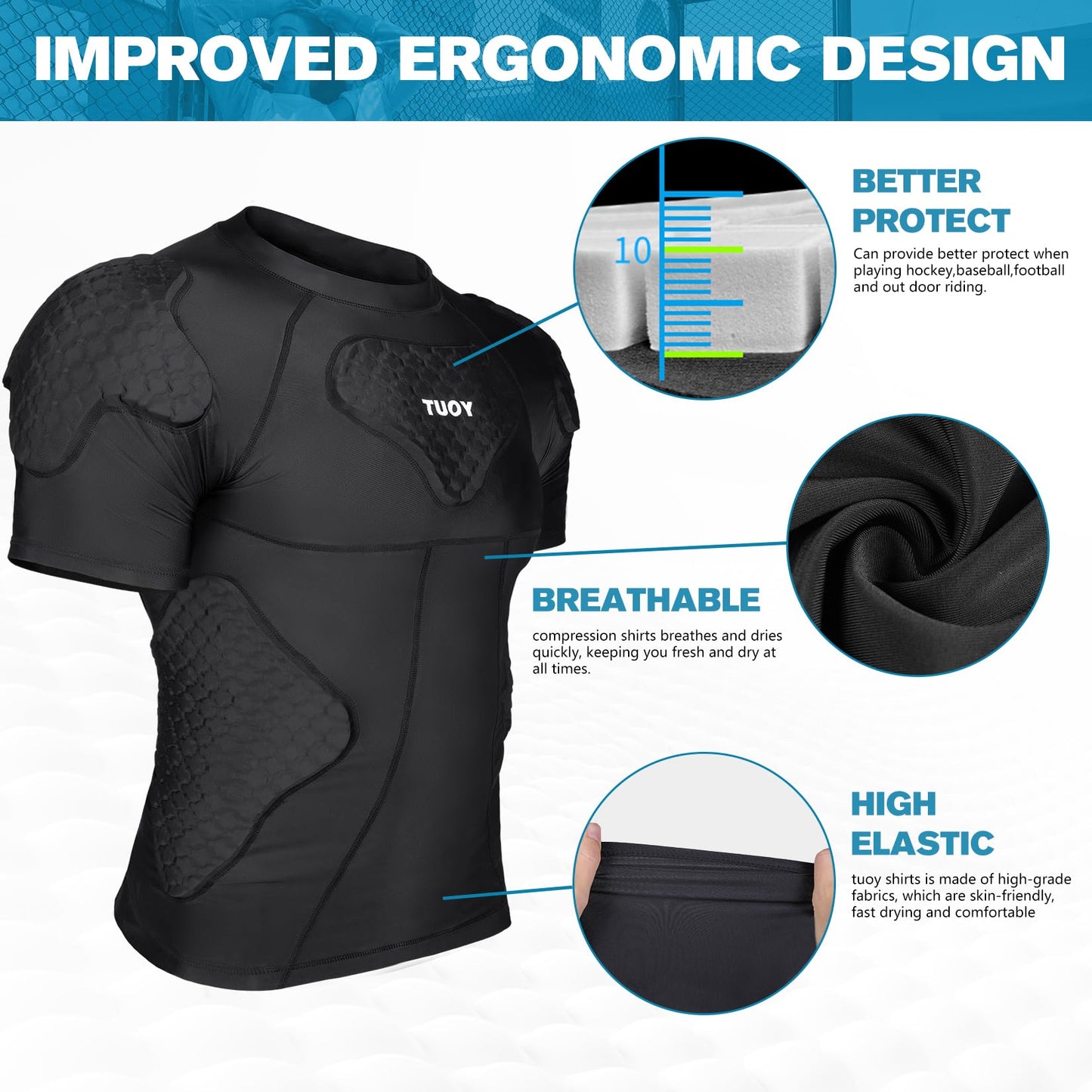 TIAXU TIAXU Men's Padded Shirt Football Chest Rib Protector Heart Sternum Guard Compression Shirt with Shoulder Back Rib Pads for Adult Football Basketball Baseball Softball Rugby